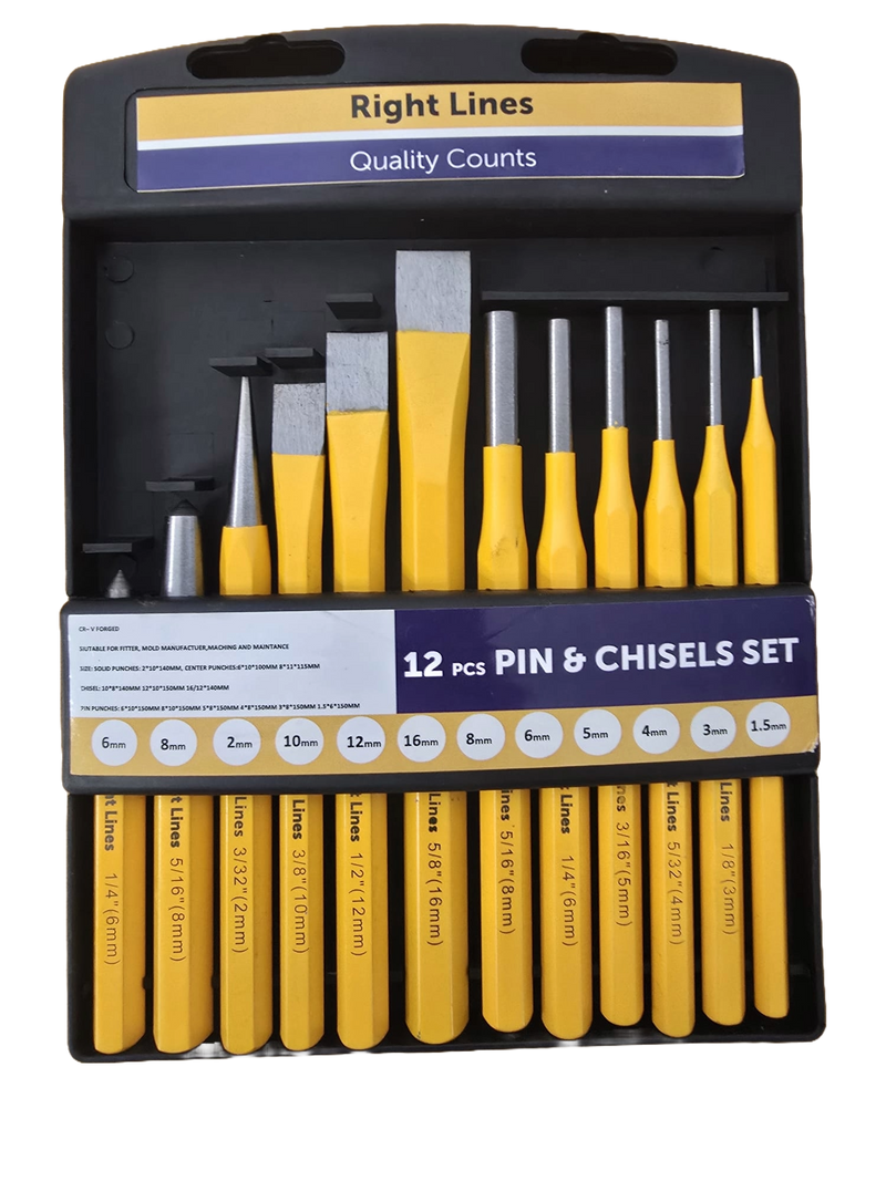 Right Lines 12 Piece Pin Punch, Centre Punch & Chisel Set