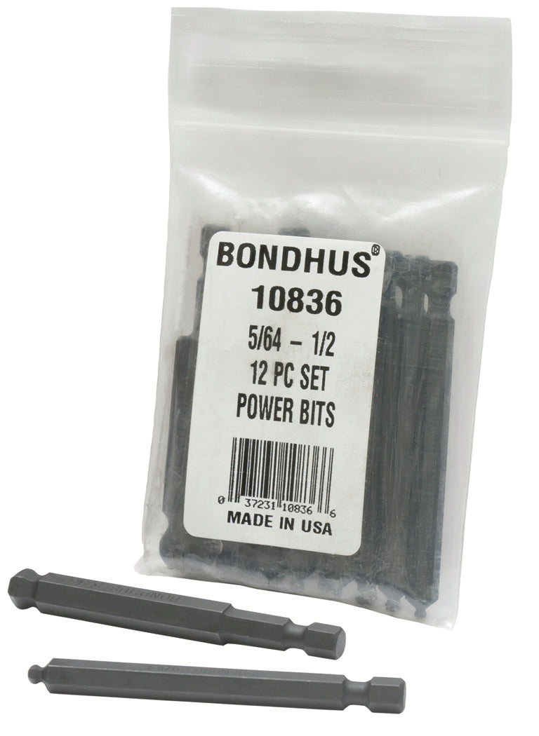 BONDHUS BHX12 BallEnd Hex Power Bit 12pcs Imperial Set 5/64"-1/2", 10836