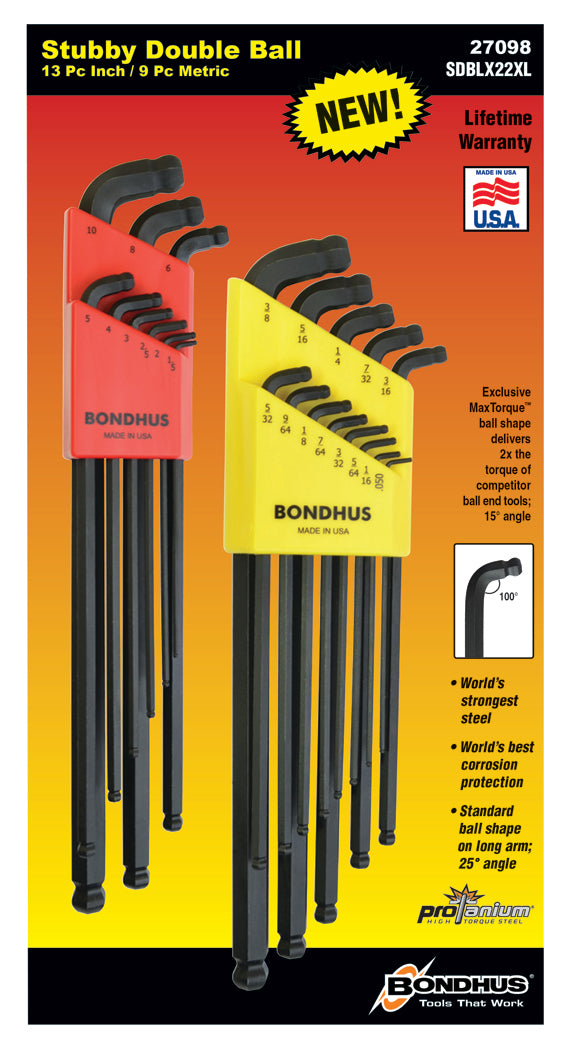BONDHUS SDBLX22XL Stubby Double BallEnd Key 22pcs Set, 27098