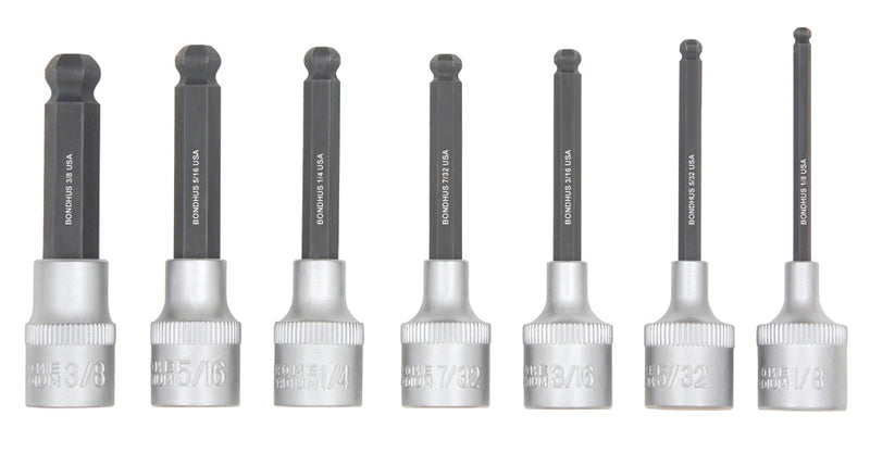 BONDHUS PHBX7/S-2 2" (50mm) ProHold BallEnd InHex Sockets & Bits 7pcs Imperial Set 1/8"-3/8", 43445