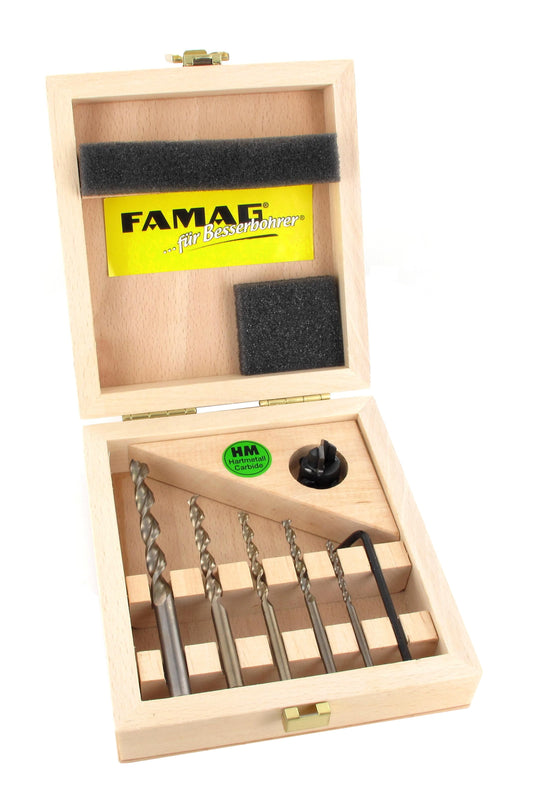 FAMAG 7pcs Brad point TCT &  Adjustable VARIO TCT 90°Countersink set in wooden case, 3575506