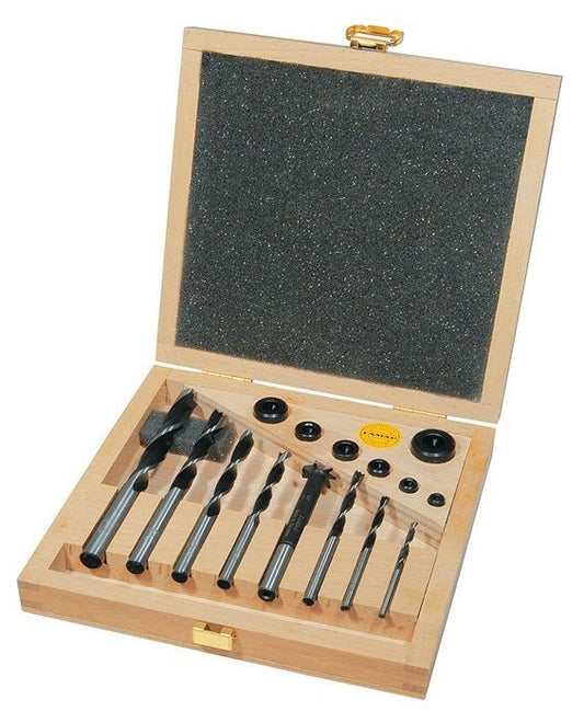 FAMAG 15pcs Brad point drill Bit set CV Steel with accessories in a wooden case, 3500515