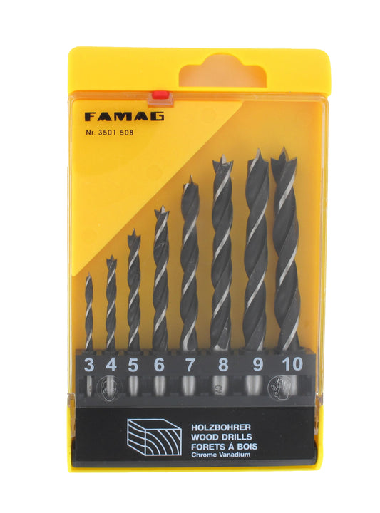 FAMAG Brad point drill BitCV steel, set of 8 pcsØ3,4,5,6,7,8,9,10mm in plastic box, 3501508