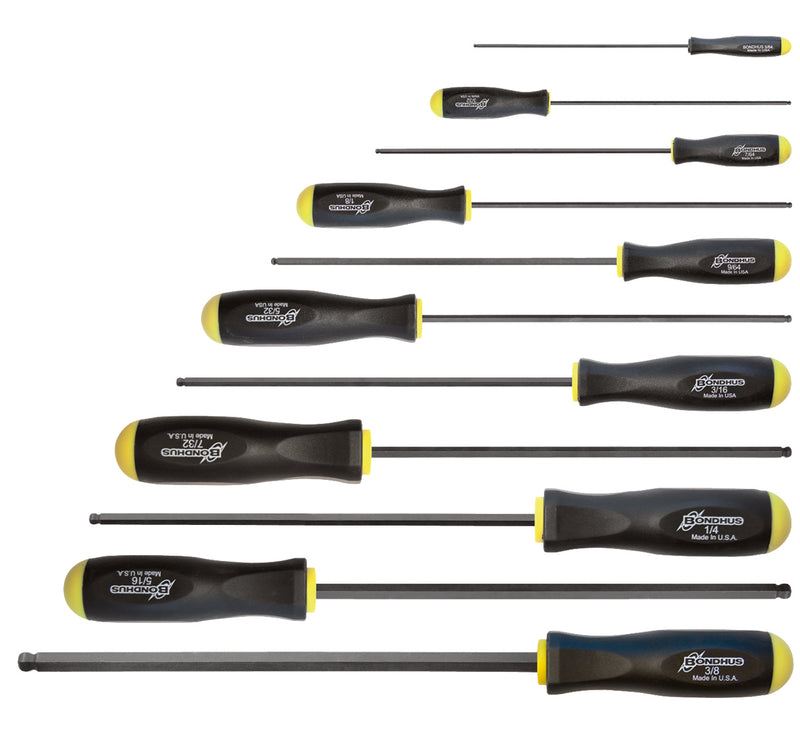 BONDHUS BSX11L Ball Driver Hex Screwdriver 11pcs Imperial Set 5/64"-3/8", 10737