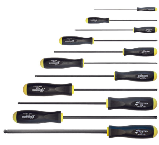 BONDHUS BSX11L Ball Driver Hex Screwdriver 11pcs Imperial Set 5/64"-3/8", 10737