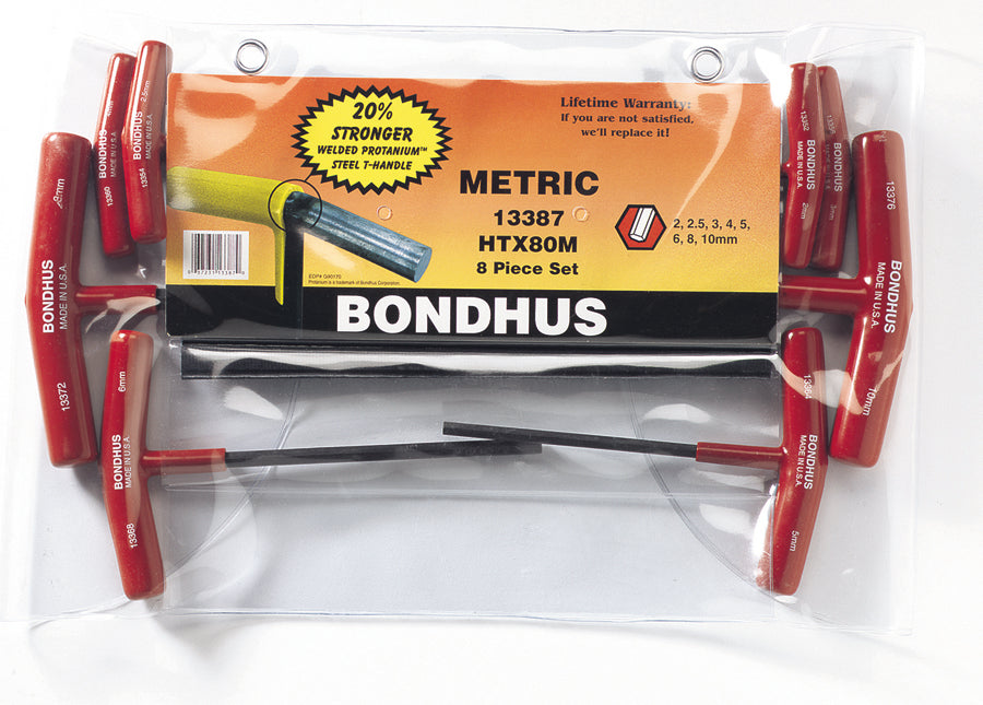 BONDHUS HTX80M T-Handle Hex Driver 8pcs Metric Set 2mm-10mm Graduated Lengths, 13387