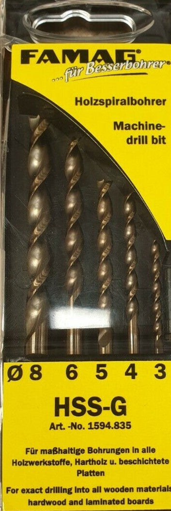 FAMAG 5pcs HSS-Ground Brad Point Drill Bit Set in Plastic Case, 1594835