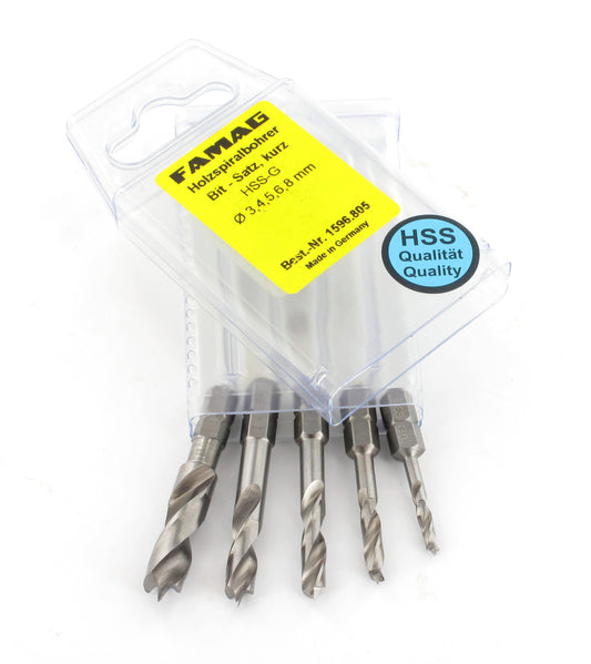 FAMAG 5pcs HSS-ground 1/4" Hex Short Shank Brad Point Drill Bit Set in Case, 1596805