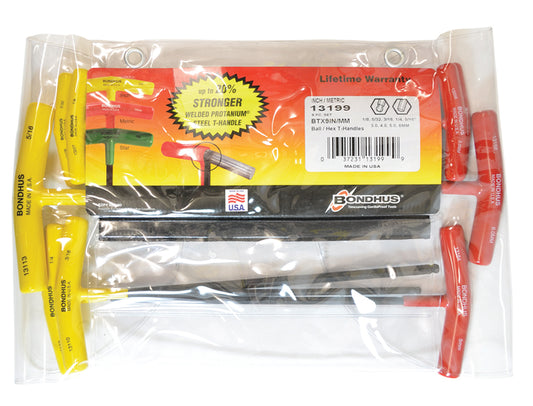 BONDHUS BTX9IN/MM T-Handle Ball Driver Hex 9pcs Metric/Imperial Set 1/8"-5/16"+3mm-6mm, 13199