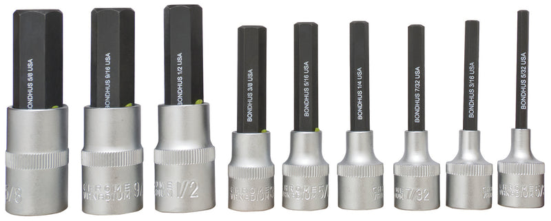 BONDHUS PHX9/S-2 2" (50mm) ProHold InHex Sockets & Bits 9pcs Imperial Set 5/32"-5/8", 43299