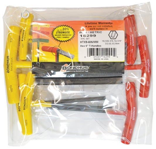 BONDHUS HTX9-6 IN/M T-Handle 6" Hex Driver 9pcs Imperial Set 1/8"-5/16" & 3mm-6mm 15299