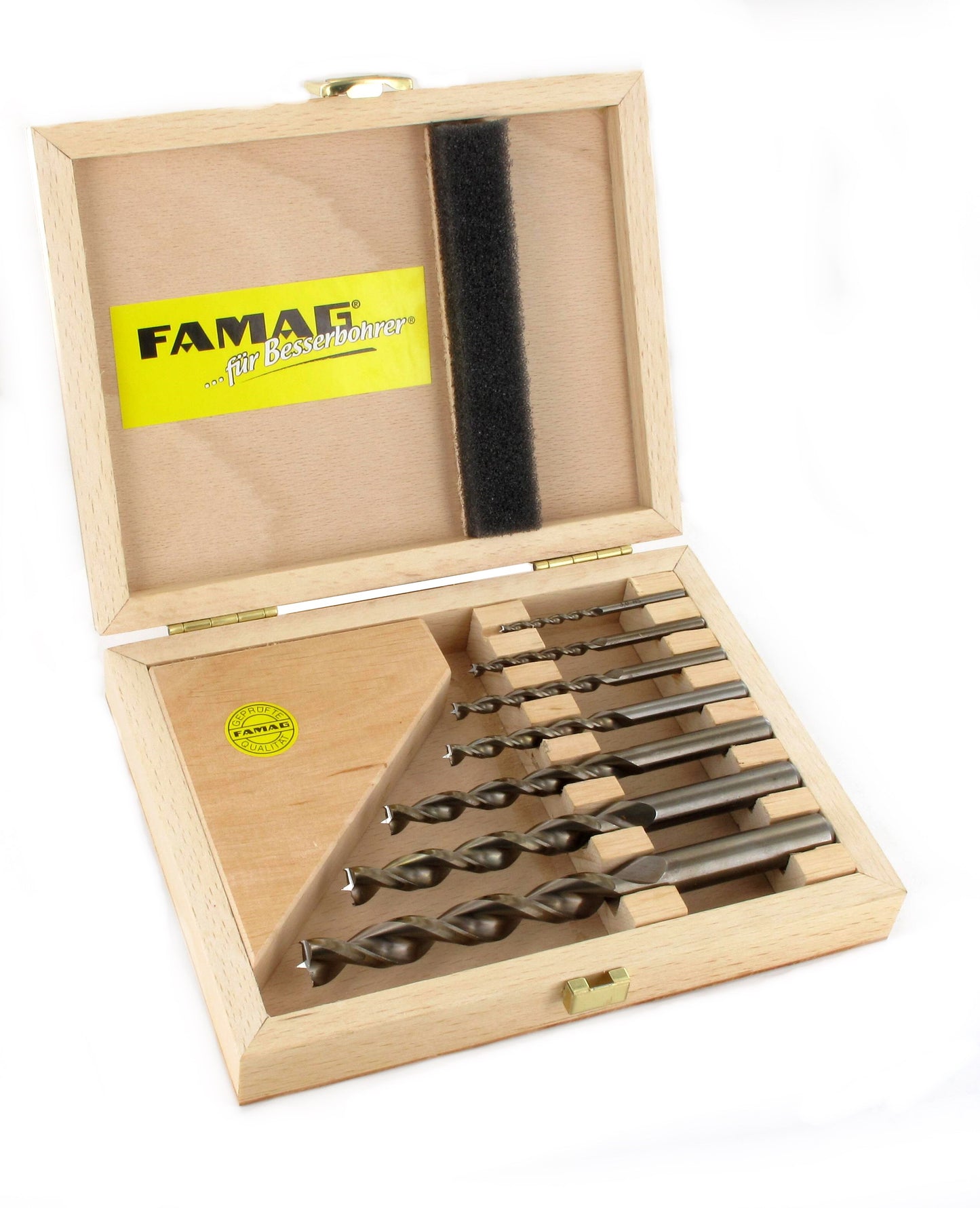 FAMAG 6pcs Brad point HSS &  Adjustable VARIO TCT 90° Countersink set in wooden case, 3575505