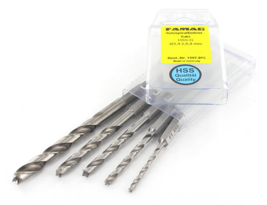 FAMAG 5pcs HSS-ground 1/4" Hex Long Shank Brad Point Drill Bit Set in Plastic Case, 1597511