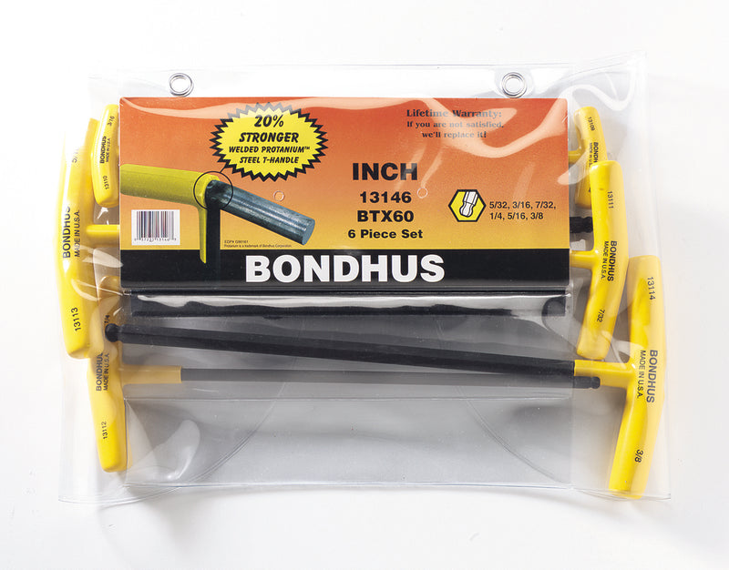 BONDHUS BTX60 T-Handle Ball Driver Hex 6pcs Imperial Set 5/32"-3/8", 13146
