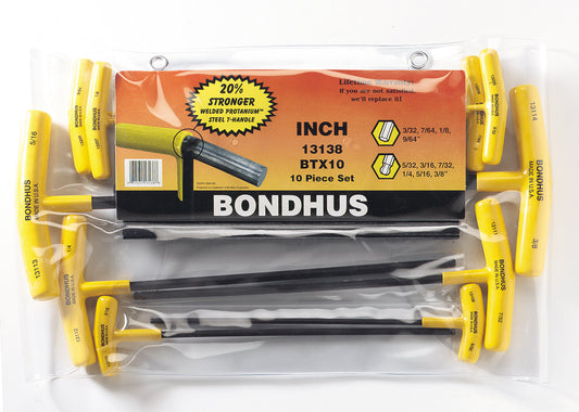 BONDHUS BTX10 T-Handle Ball Driver Hex 10pcs Imperial Set 3/32"-3/8", 13138
