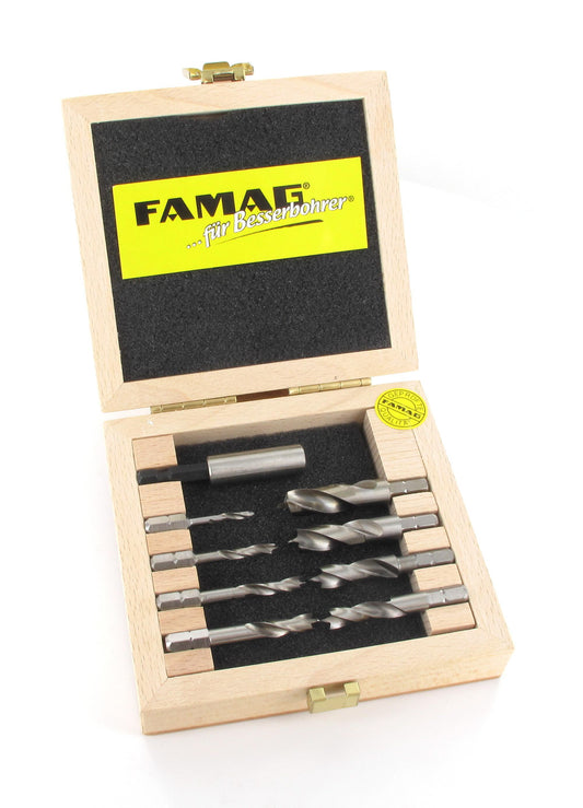 FAMAG 9pcs HSS-ground 1/4" Hex Short Shank Brad Point Drill Bit Set in Wooden Case, 1596508