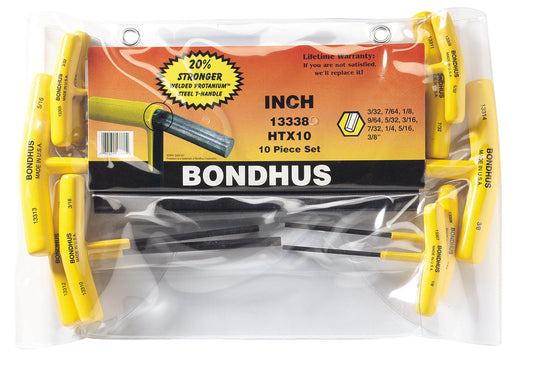 BONDHUS HTX10 T-Handle Hex Driver 10pcs Imperial Set 3/32"-3/8", 13338