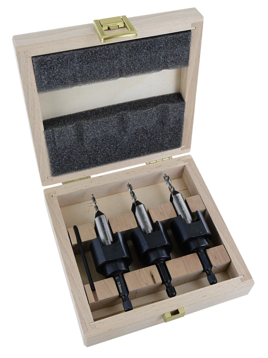FAMAG 3pcs Brad point &  Adjustable VARIO  180° Countersink set in wooden case, 3575504