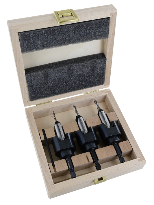 FAMAG 3pcs Brad point & Adjustable VARIO 180° Countersink set in wooden case, 3577504